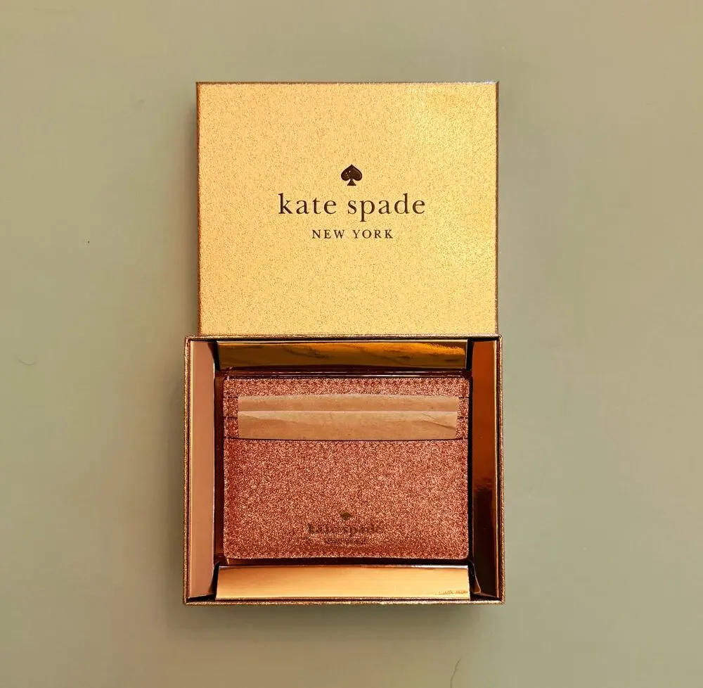 NIB Kate Spade Mitten Pink Glitter Slim Cardholder Rose Gold Boxed